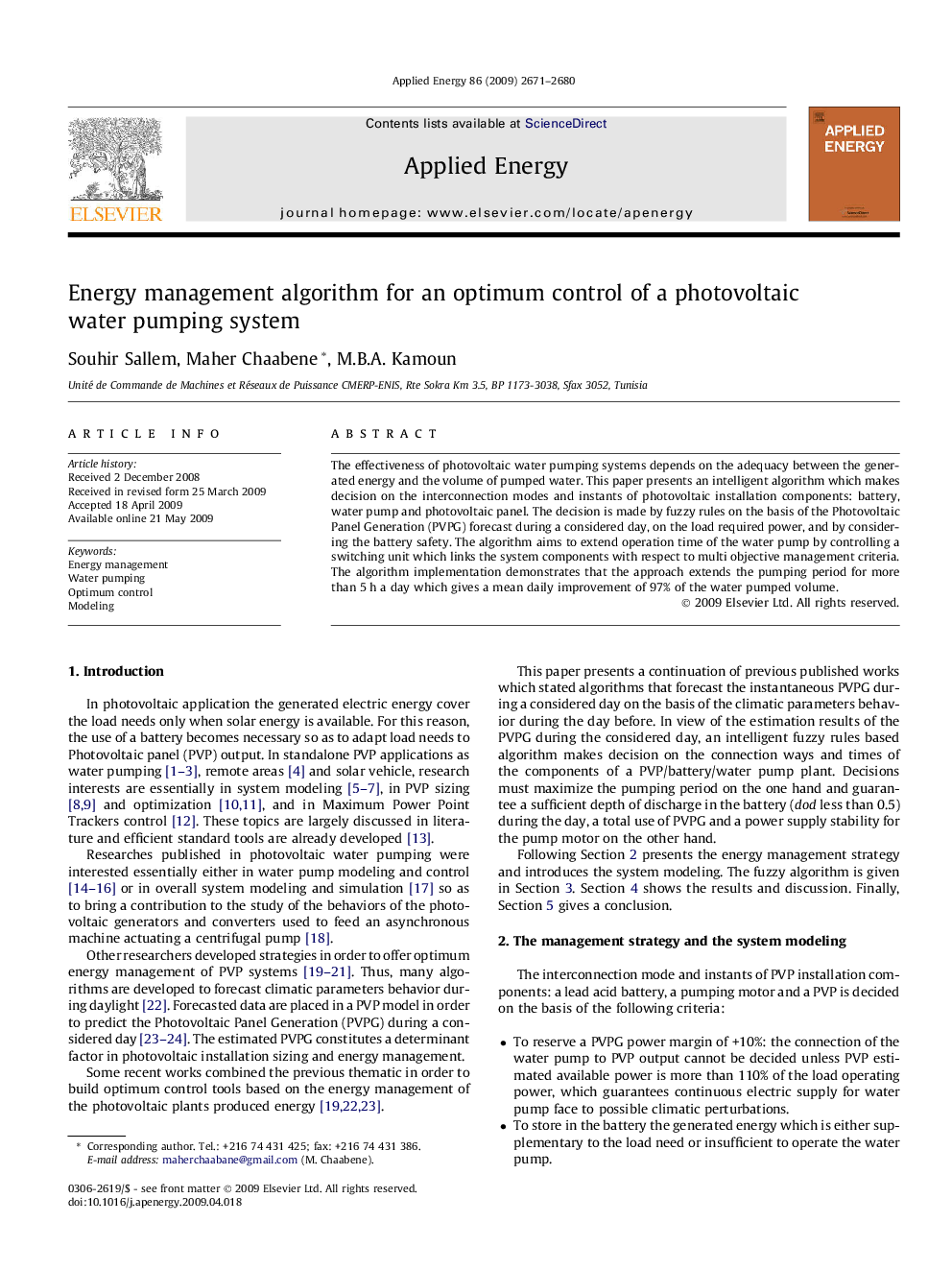 Energy management algorithm for an optimum control of a photovoltaic water pumping system