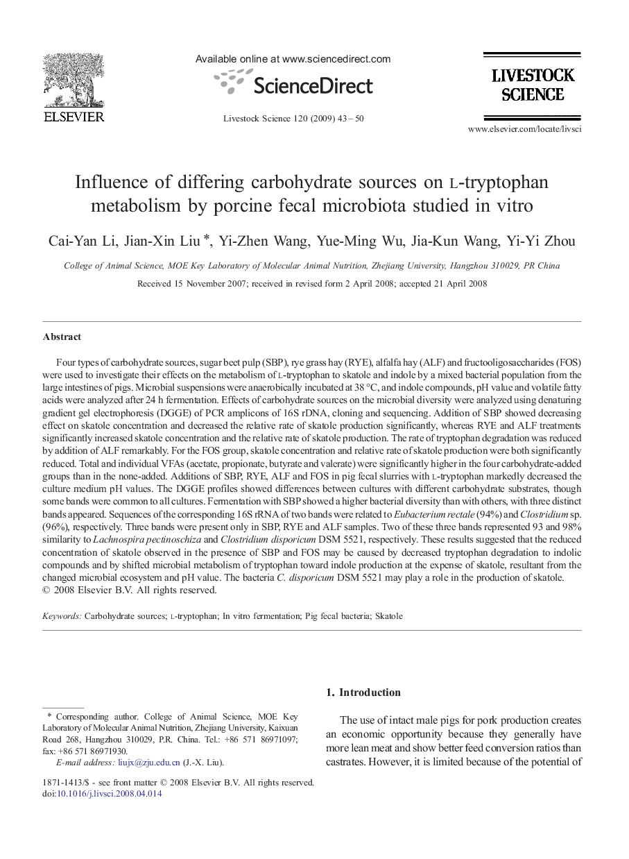 Influence of differing carbohydrate sources on l-tryptophan metabolism by porcine fecal microbiota studied in vitro