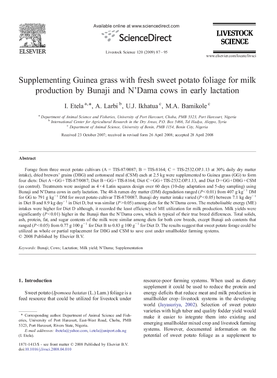 Supplementing Guinea grass with fresh sweet potato foliage for milk production by Bunaji and N'Dama cows in early lactation