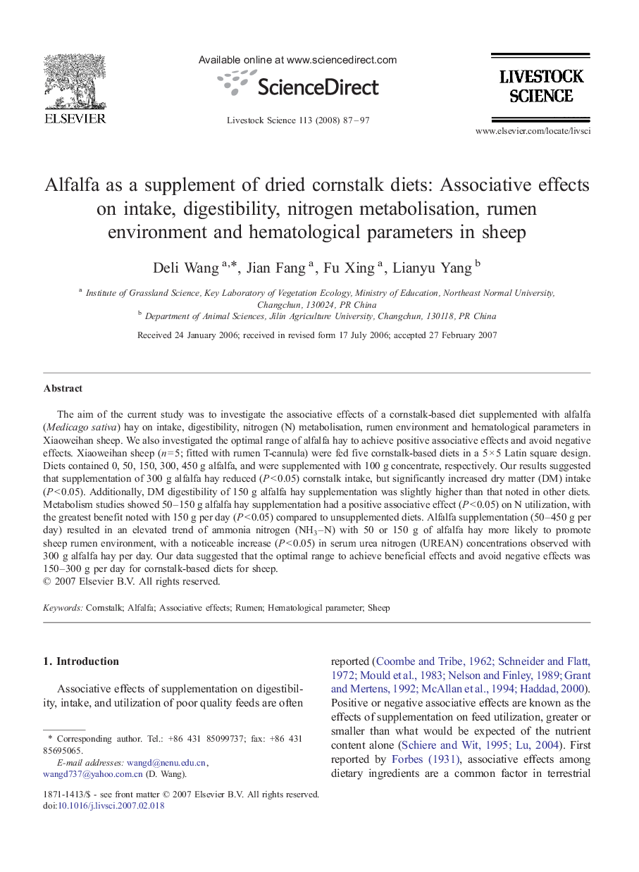 Alfalfa as a supplement of dried cornstalk diets: Associative effects on intake, digestibility, nitrogen metabolisation, rumen environment and hematological parameters in sheep