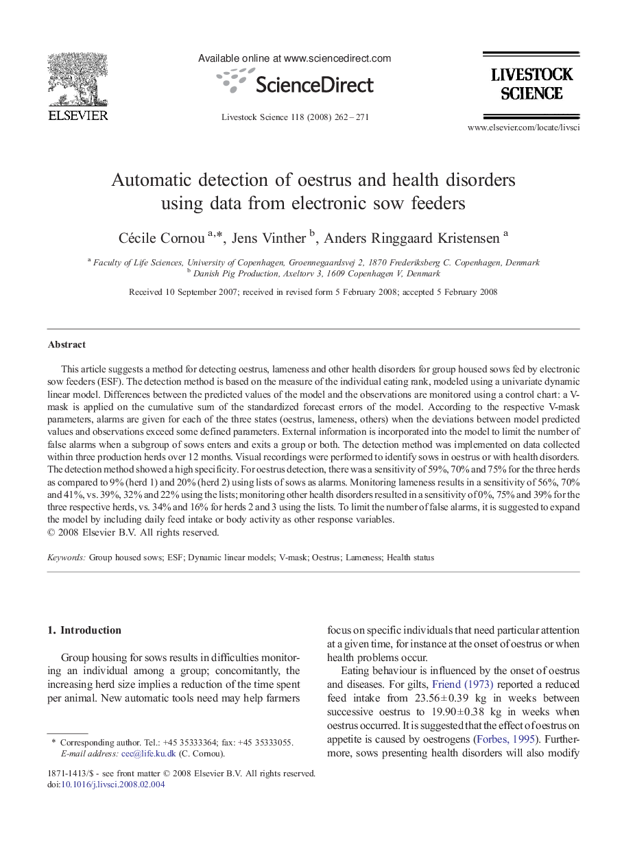 Automatic detection of oestrus and health disorders using data from electronic sow feeders