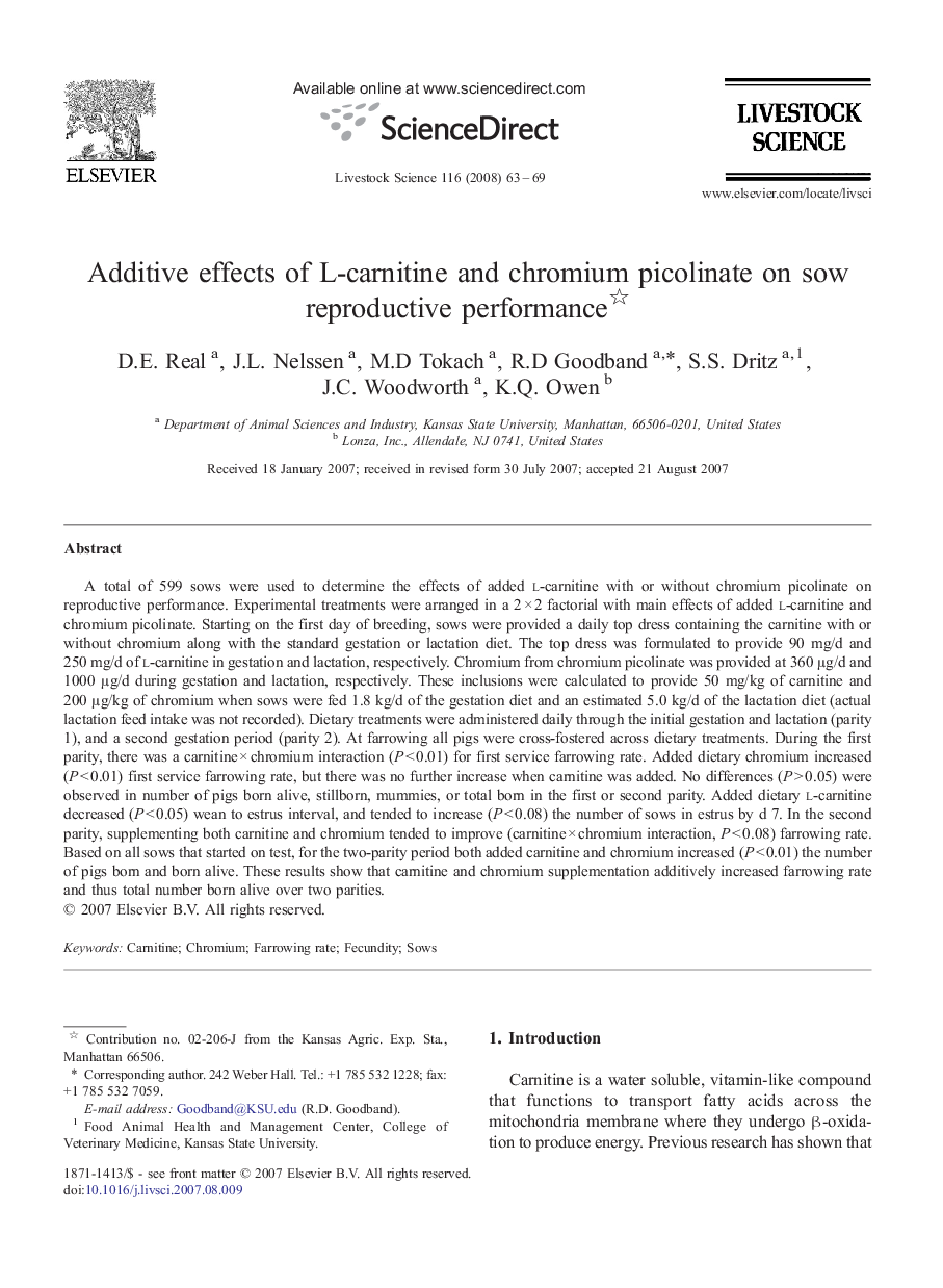 Additive effects of L-carnitine and chromium picolinate on sow reproductive performance 