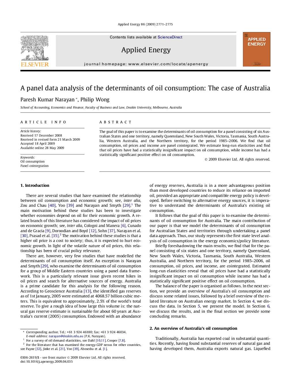 A panel data analysis of the determinants of oil consumption: The case of Australia