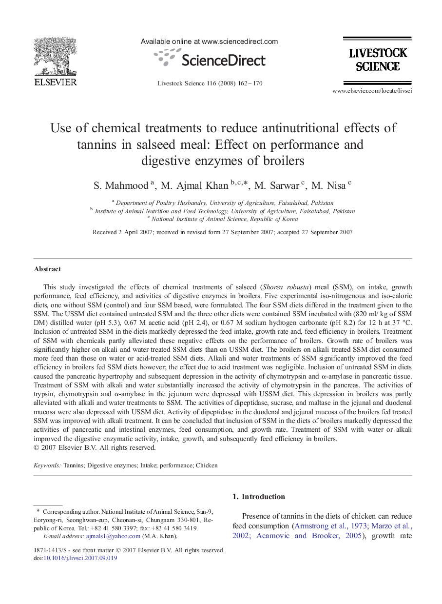 Use of chemical treatments to reduce antinutritional effects of tannins in salseed meal: Effect on performance and digestive enzymes of broilers