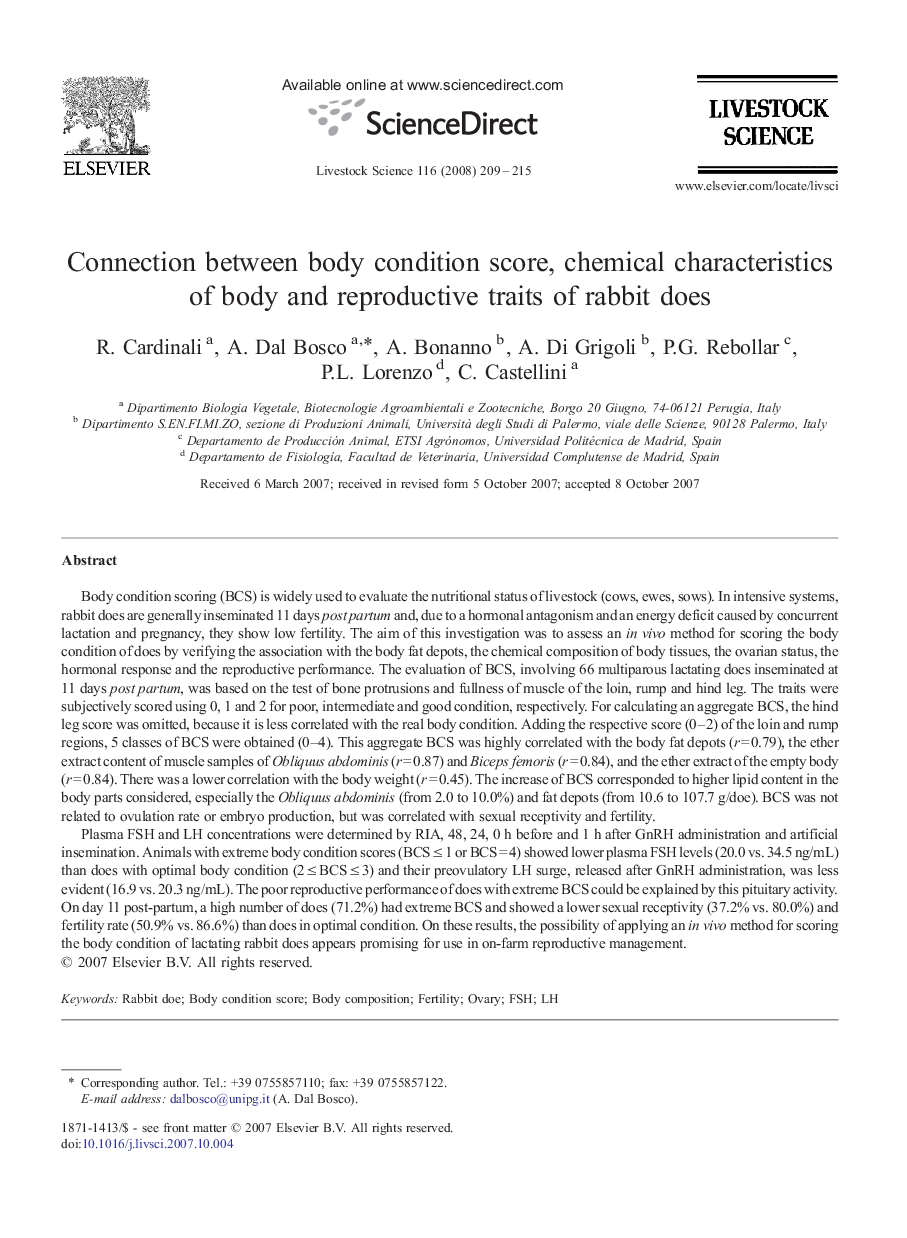 Connection between body condition score, chemical characteristics of body and reproductive traits of rabbit does