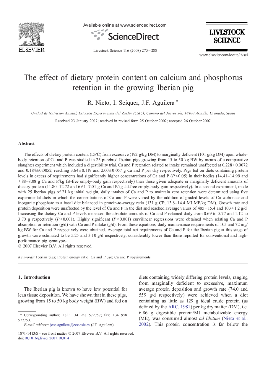 The effect of dietary protein content on calcium and phosphorus retention in the growing Iberian pig