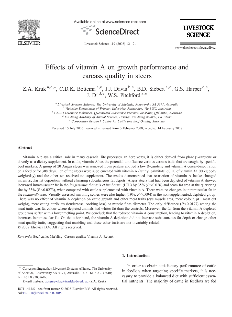 Effects of vitamin A on growth performance and carcass quality in steers