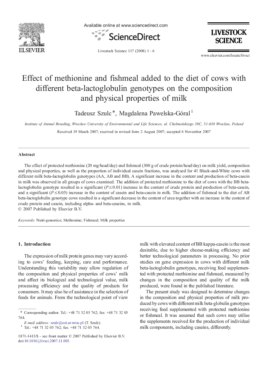 Effect of methionine and fishmeal added to the diet of cows with different beta-lactoglobulin genotypes on the composition and physical properties of milk