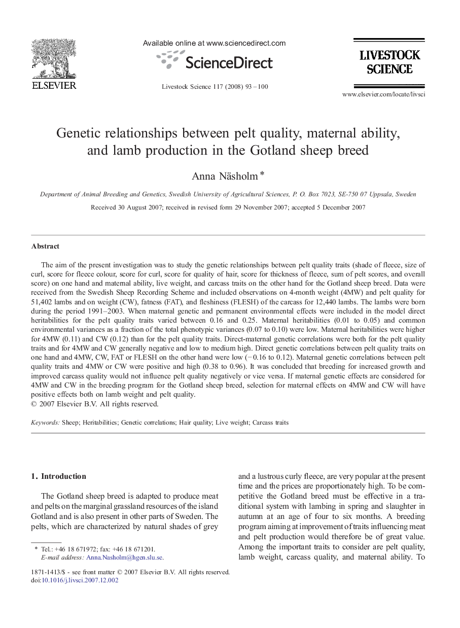 Genetic relationships between pelt quality, maternal ability, and lamb production in the Gotland sheep breed