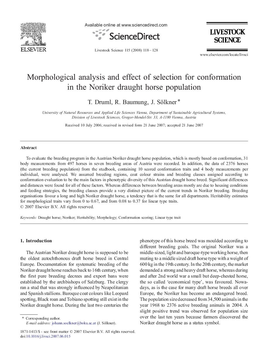 Morphological analysis and effect of selection for conformation in the Noriker draught horse population