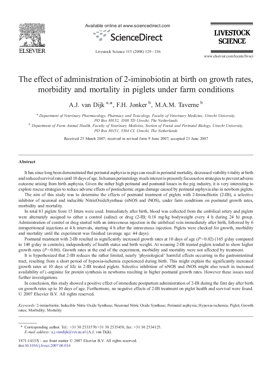 The effect of administration of 2-iminobiotin at birth on growth rates, morbidity and mortality in piglets under farm conditions