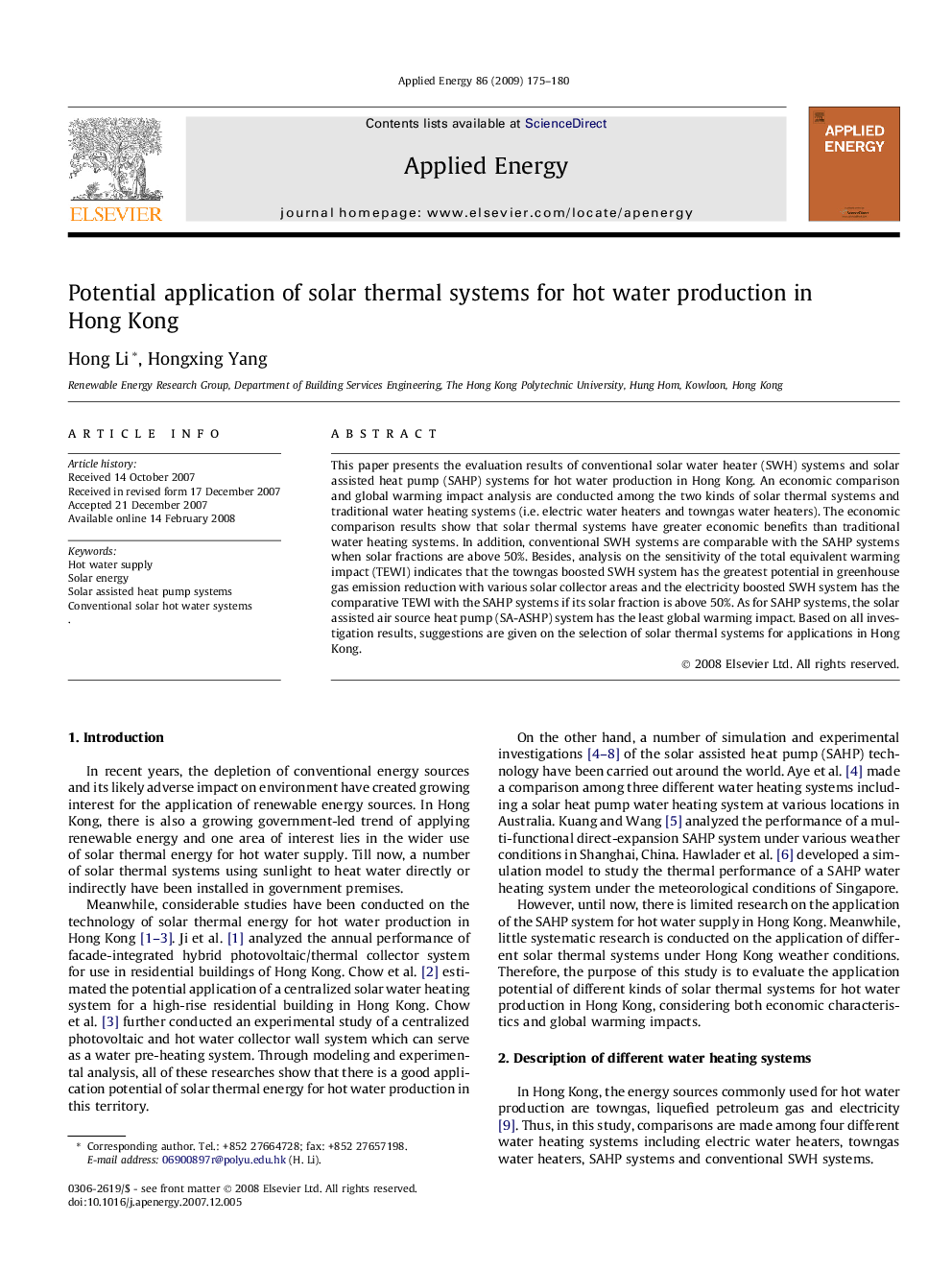 Potential application of solar thermal systems for hot water production in Hong Kong