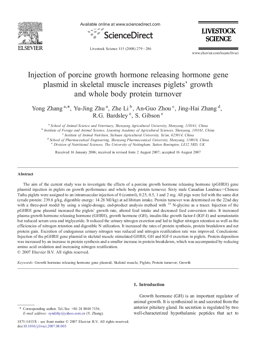 Injection of porcine growth hormone releasing hormone gene plasmid in skeletal muscle increases piglets' growth and whole body protein turnover