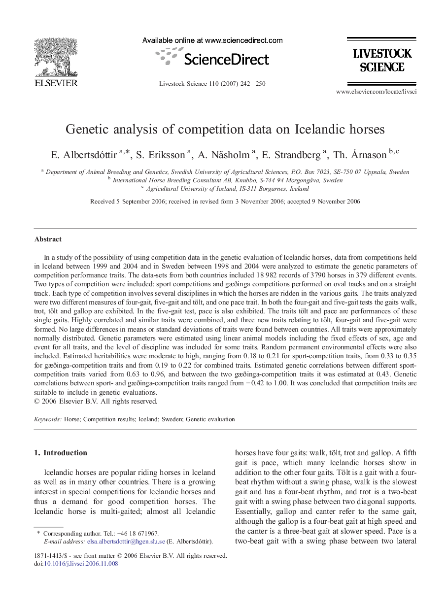 Genetic analysis of competition data on Icelandic horses