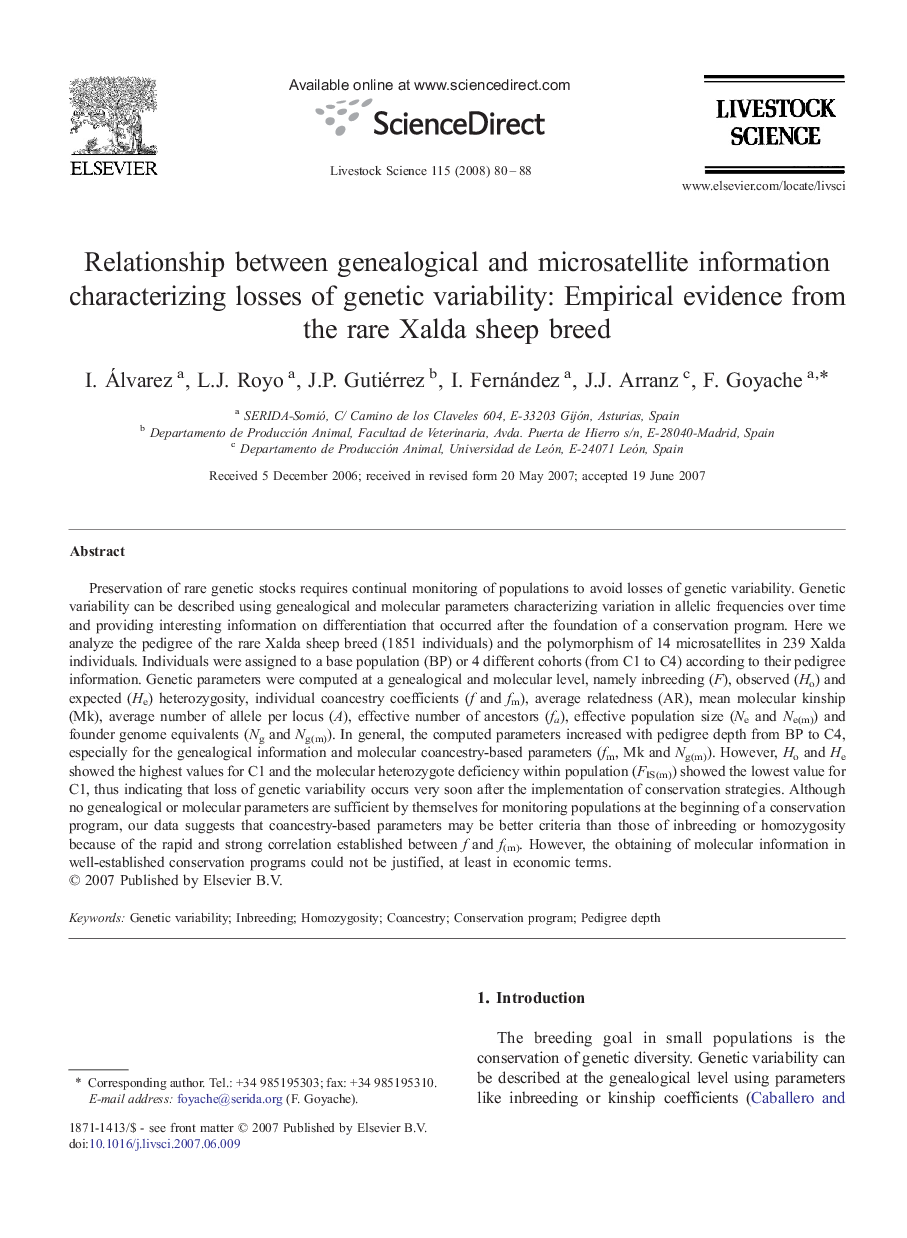 Relationship between genealogical and microsatellite information characterizing losses of genetic variability: Empirical evidence from the rare Xalda sheep breed