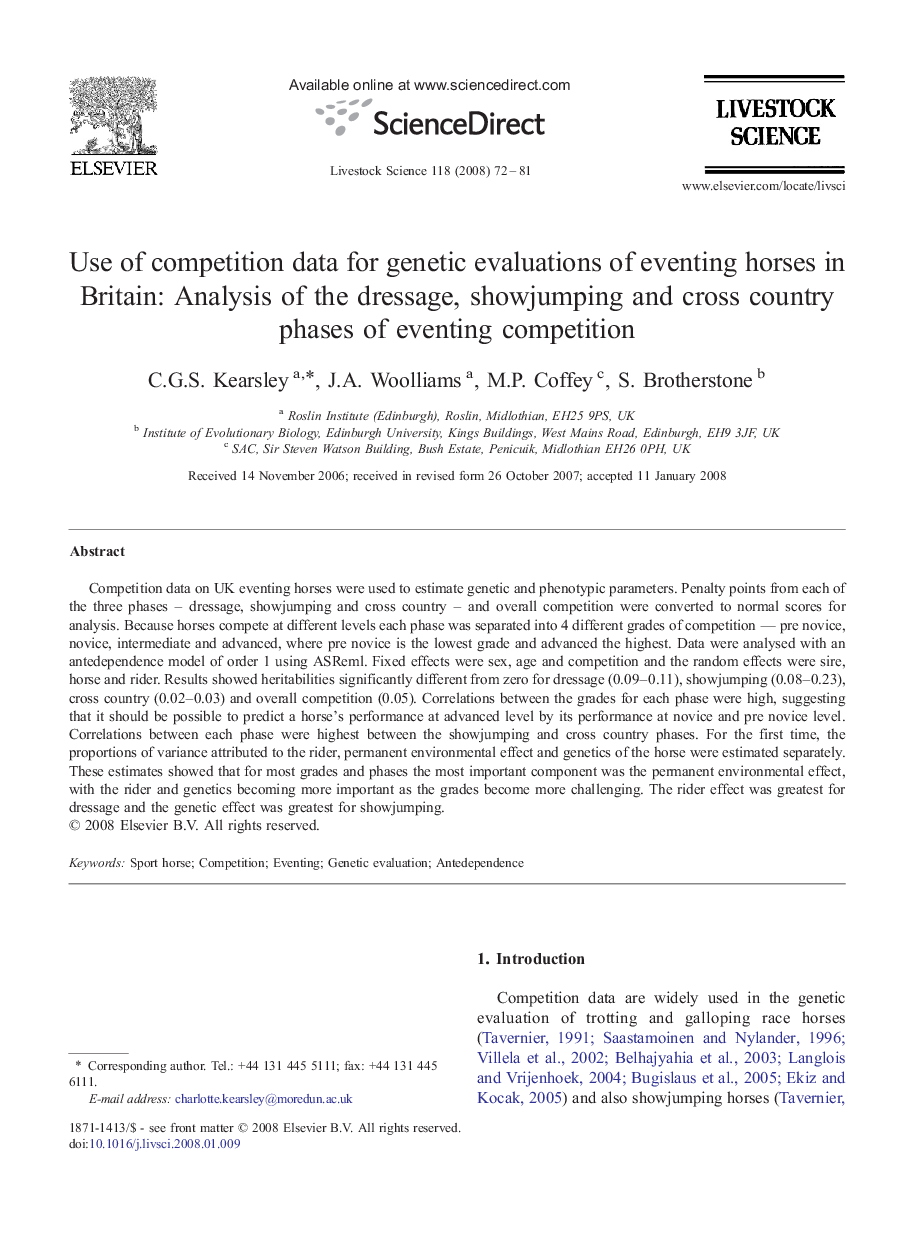 Use of competition data for genetic evaluations of eventing horses in Britain: Analysis of the dressage, showjumping and cross country phases of eventing competition