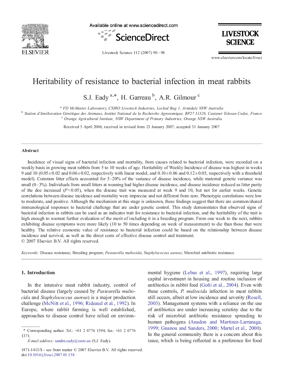 Heritability of resistance to bacterial infection in meat rabbits