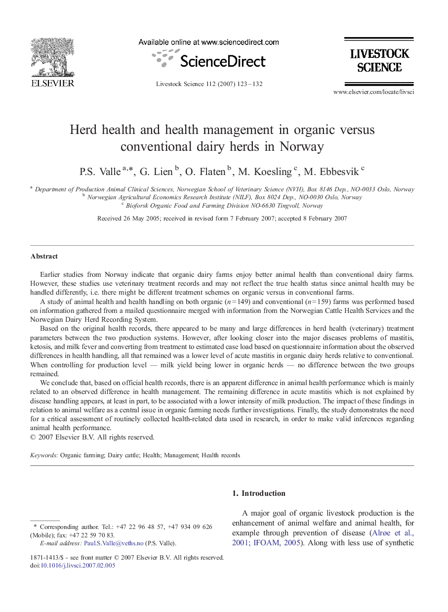 Herd health and health management in organic versus conventional dairy herds in Norway