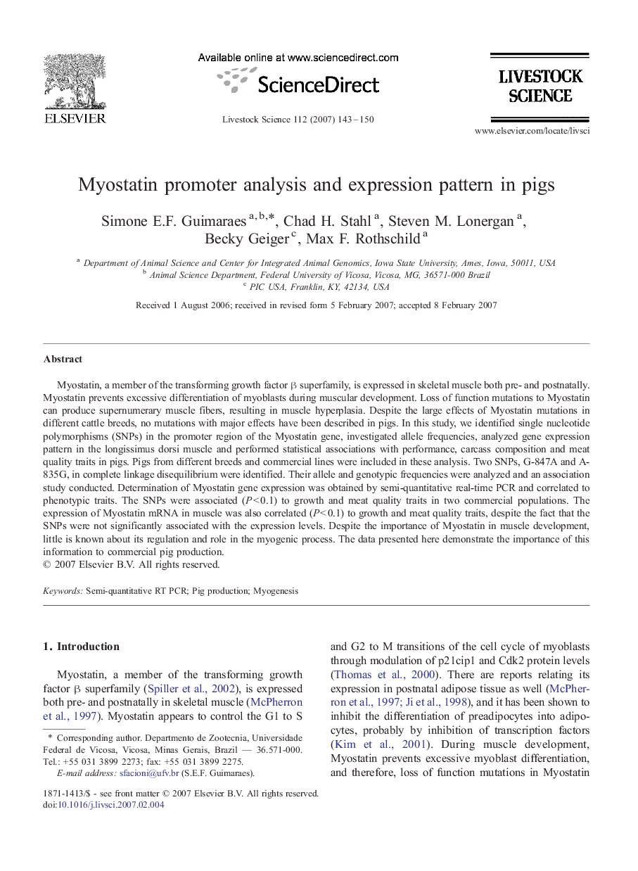 Myostatin promoter analysis and expression pattern in pigs