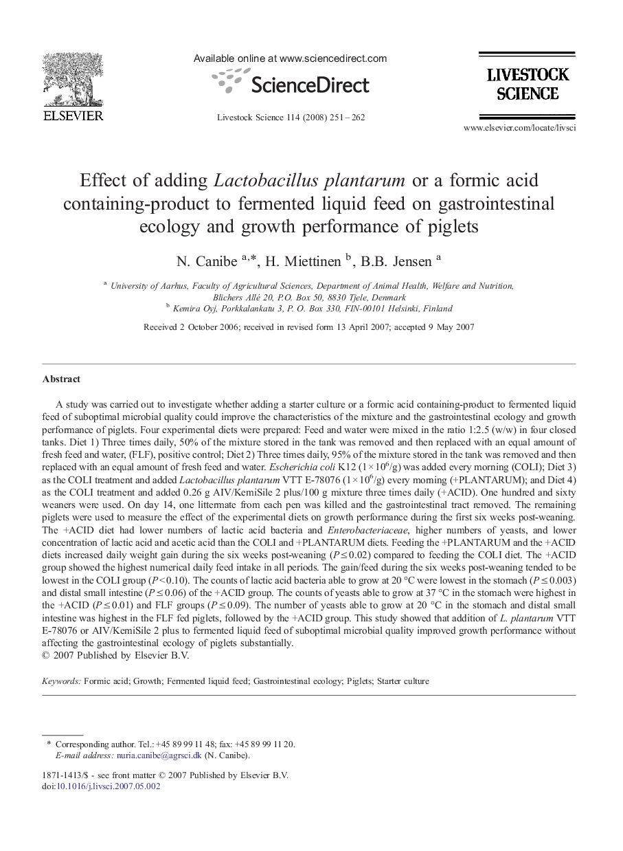 Effect of adding Lactobacillus plantarum or a formic acid containing-product to fermented liquid feed on gastrointestinal ecology and growth performance of piglets