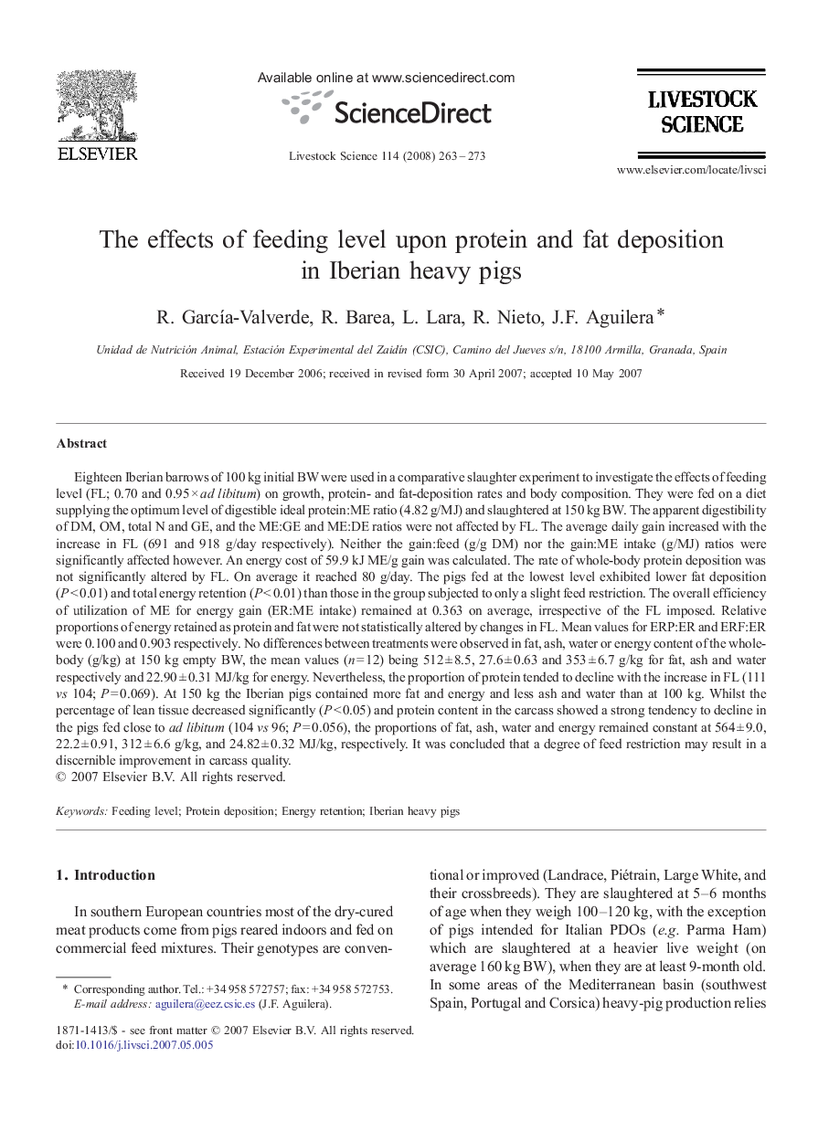 The effects of feeding level upon protein and fat deposition in Iberian heavy pigs