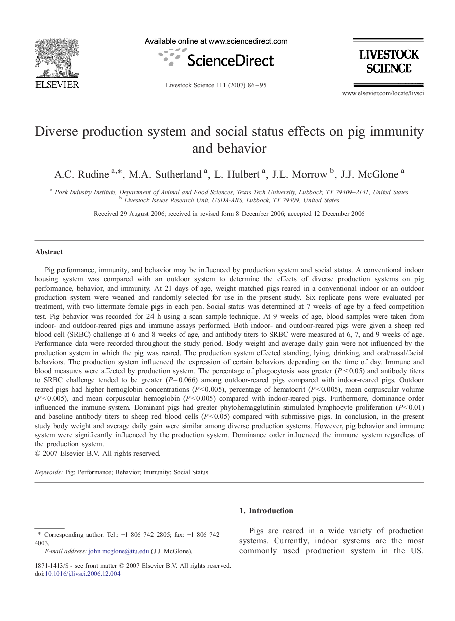 Diverse production system and social status effects on pig immunity and behavior