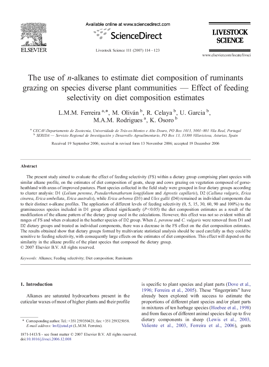 The use of n-alkanes to estimate diet composition of ruminants grazing on species diverse plant communities - Effect of feeding selectivity on diet composition estimates