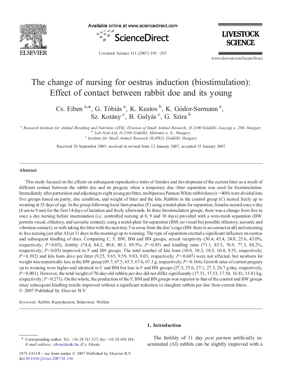 The change of nursing for oestrus induction (biostimulation): Effect of contact between rabbit doe and its young