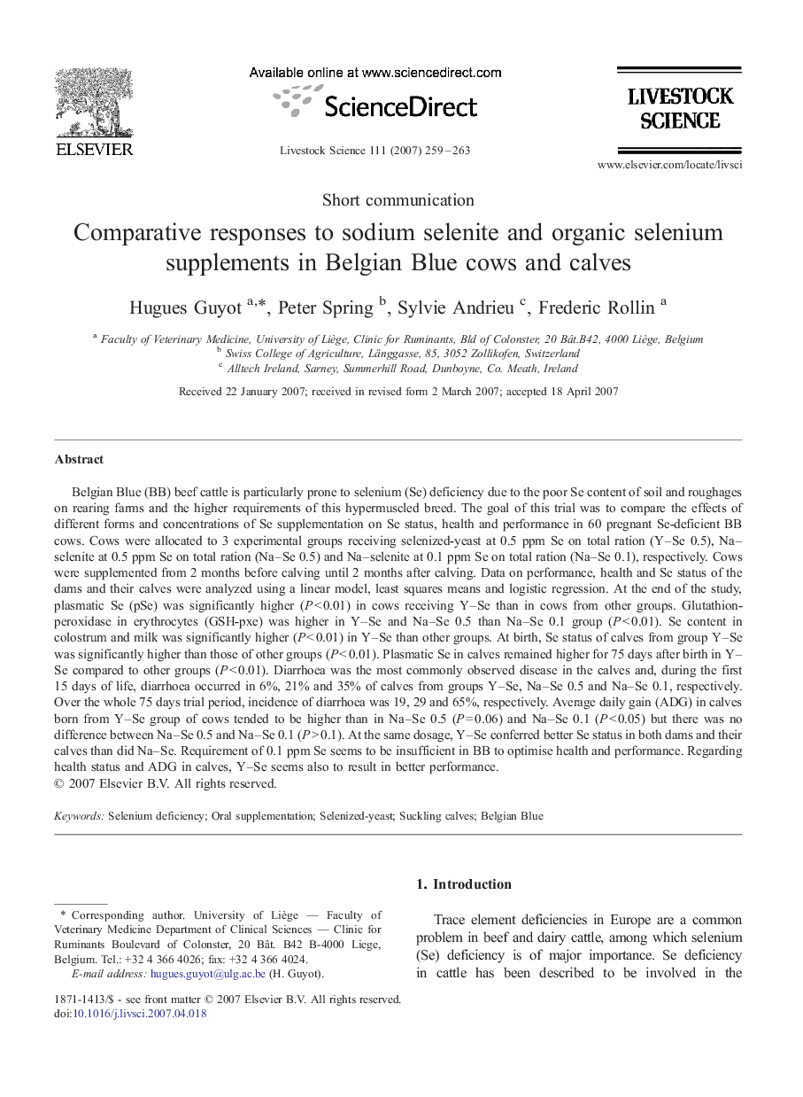 Comparative responses to sodium selenite and organic selenium supplements in Belgian Blue cows and calves