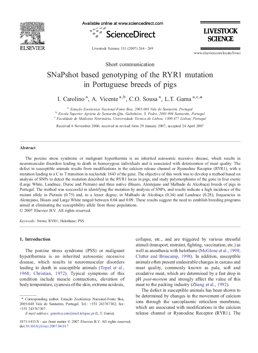 SNaPshot based genotyping of the RYR1 mutation in Portuguese breeds of pigs