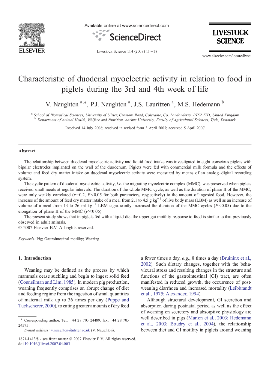 Characteristic of duodenal myoelectric activity in relation to food in piglets during the 3rd and 4th week of life