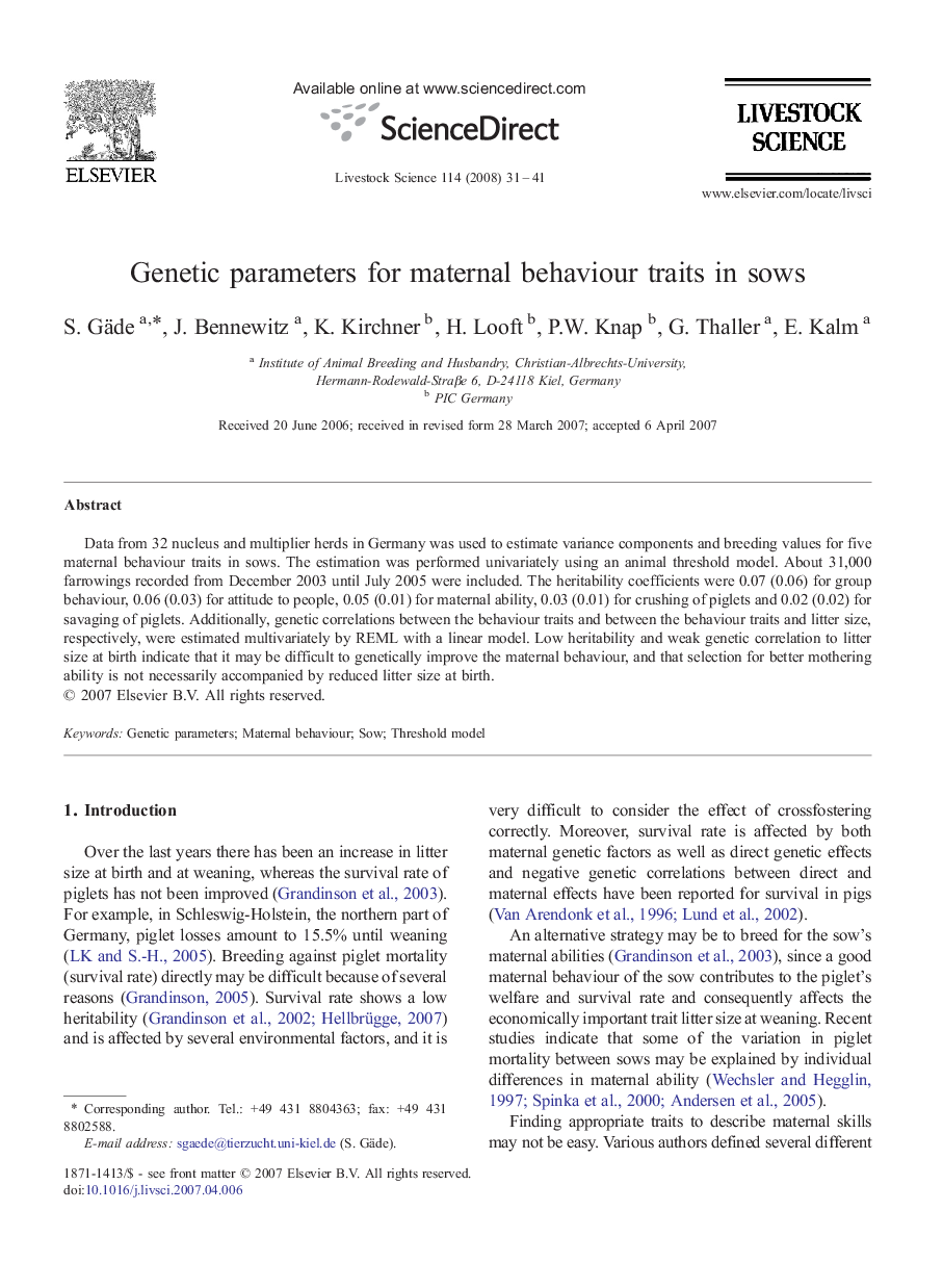 Genetic parameters for maternal behaviour traits in sows