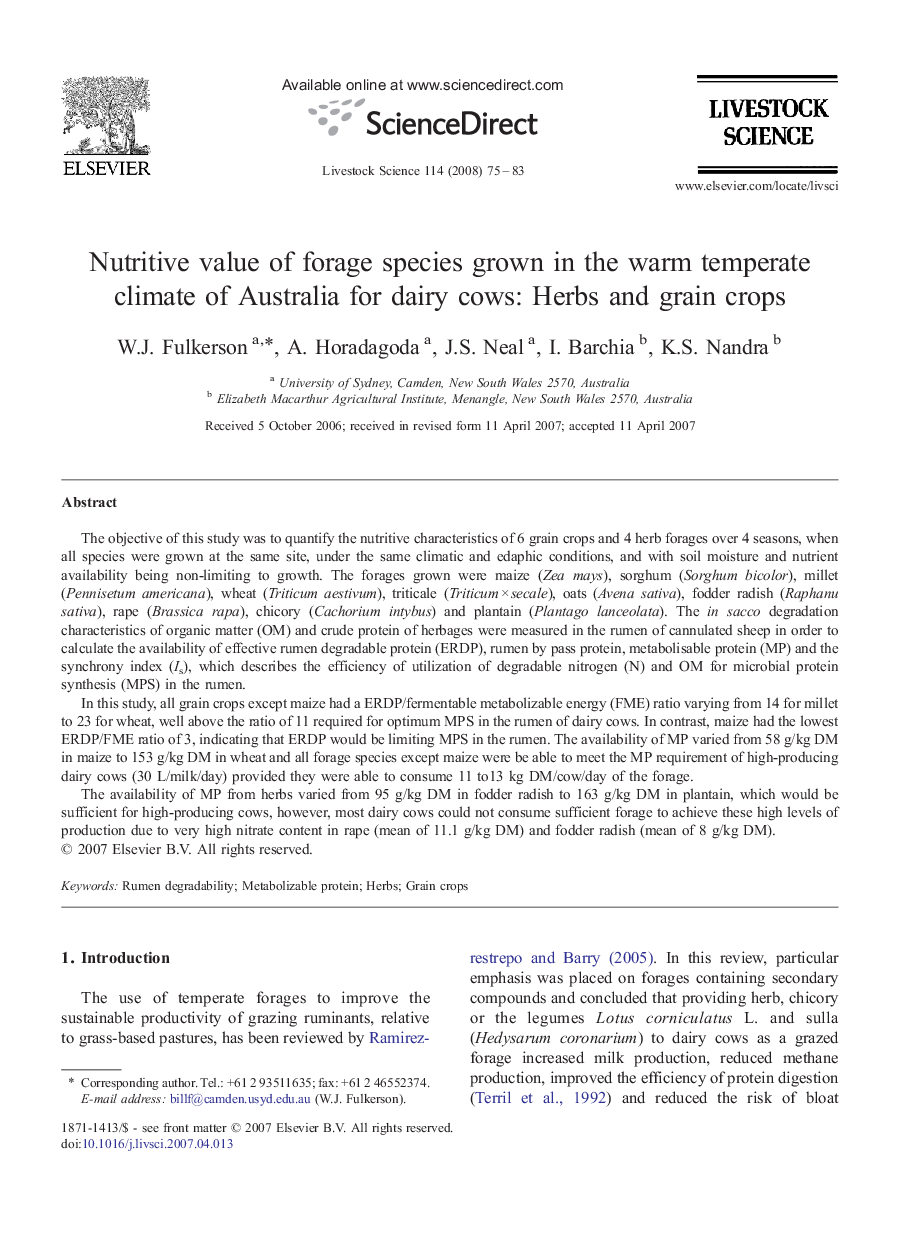 Nutritive value of forage species grown in the warm temperate climate of Australia for dairy cows: Herbs and grain crops