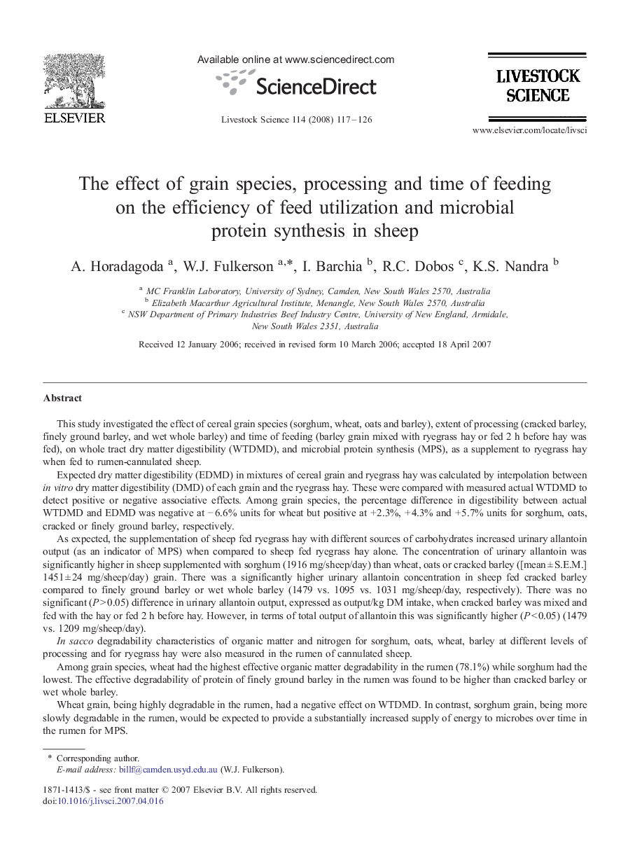 The effect of grain species, processing and time of feeding on the efficiency of feed utilization and microbial protein synthesis in sheep