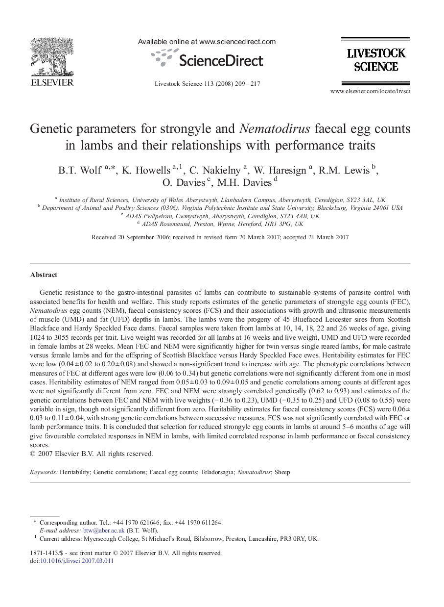 Genetic parameters for strongyle and Nematodirus faecal egg counts in lambs and their relationships with performance traits