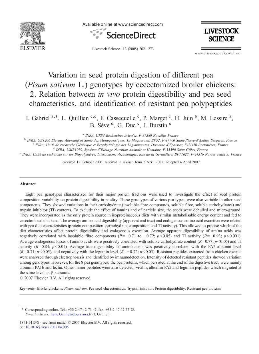 Variation in seed protein digestion of different pea (Pisum sativum L.) genotypes by cecectomized broiler chickens: 2. Relation between in vivo protein digestibility and pea seed characteristics, and identification of resistant pea polypeptides