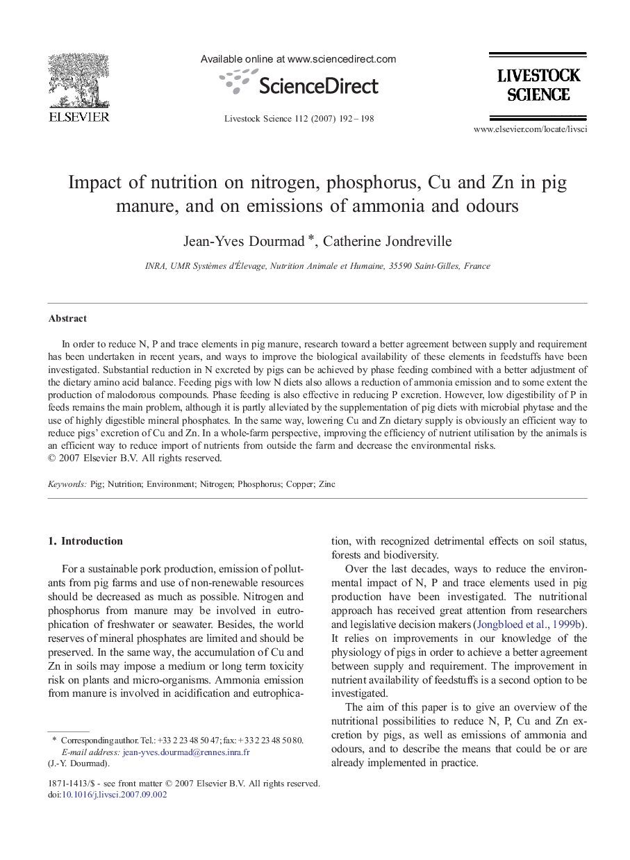 Impact of nutrition on nitrogen, phosphorus, Cu and Zn in pig manure, and on emissions of ammonia and odours