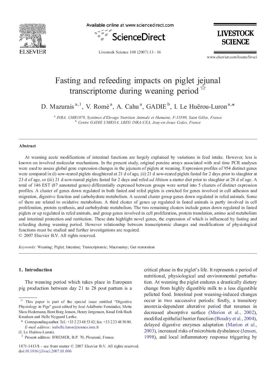 Fasting and refeeding impacts on piglet jejunal transcriptome during weaning period 