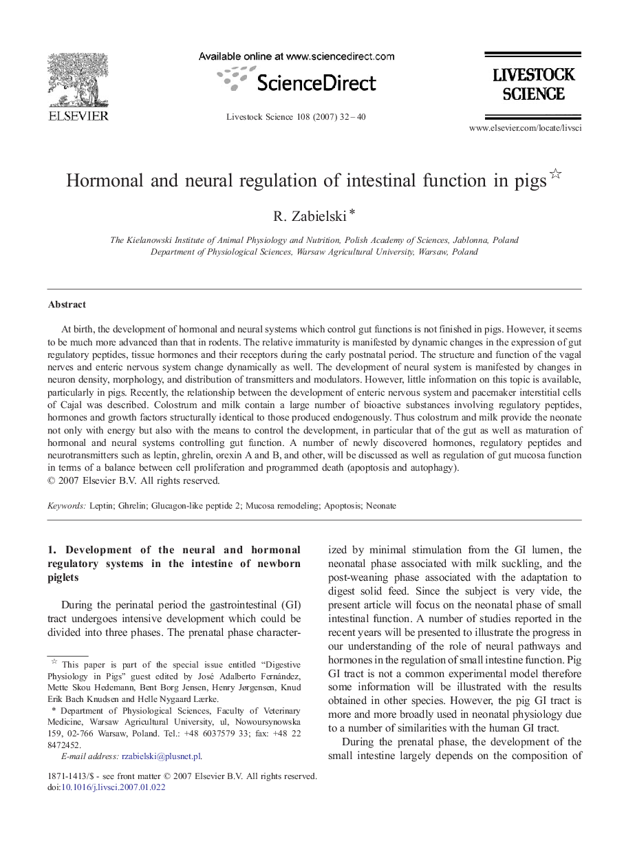 Hormonal and neural regulation of intestinal function in pigs 