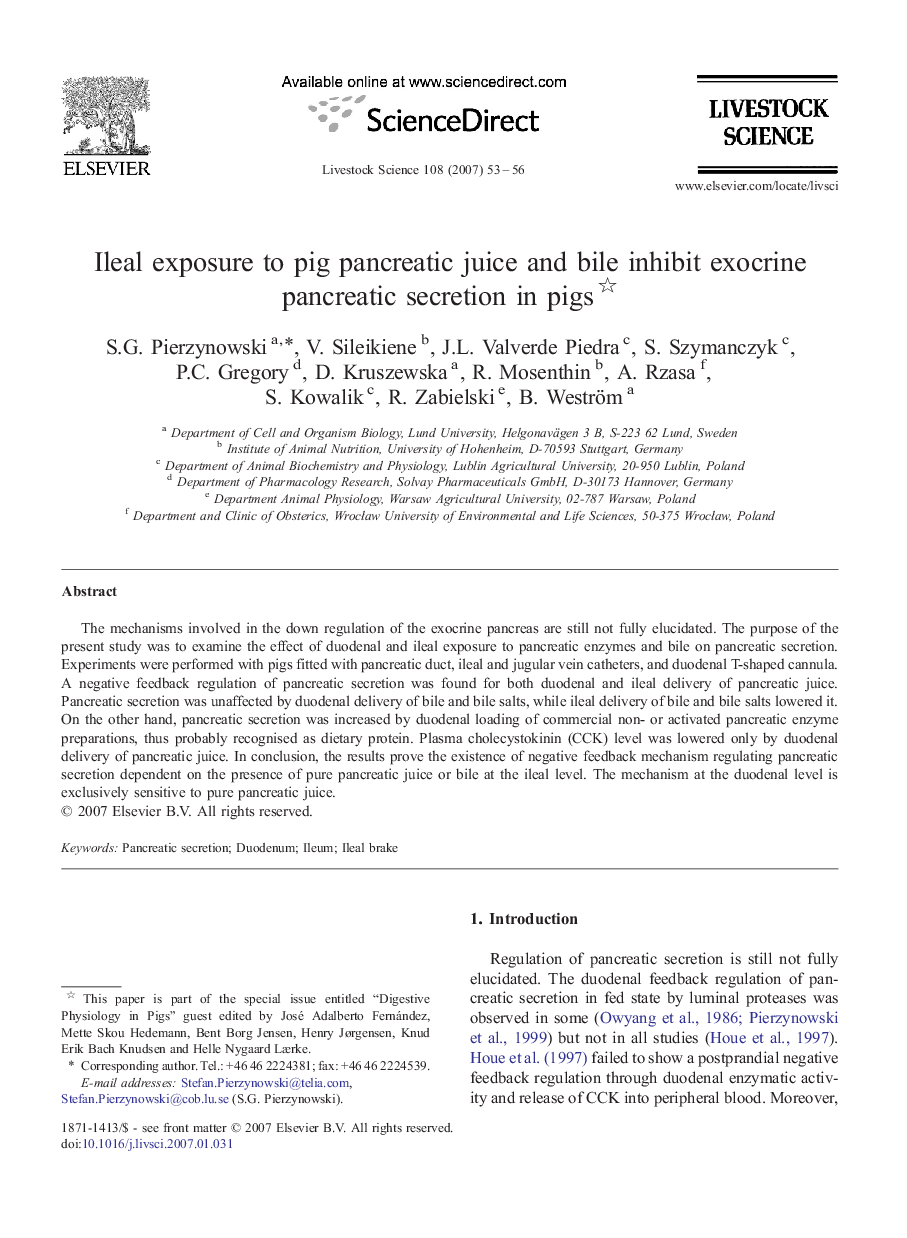 Ileal exposure to pig pancreatic juice and bile inhibit exocrine pancreatic secretion in pigs 