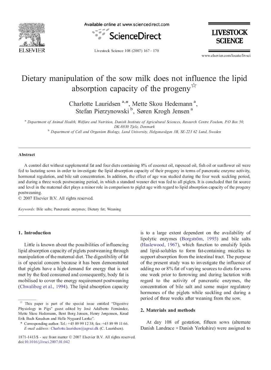 Dietary manipulation of the sow milk does not influence the lipid absorption capacity of the progeny 