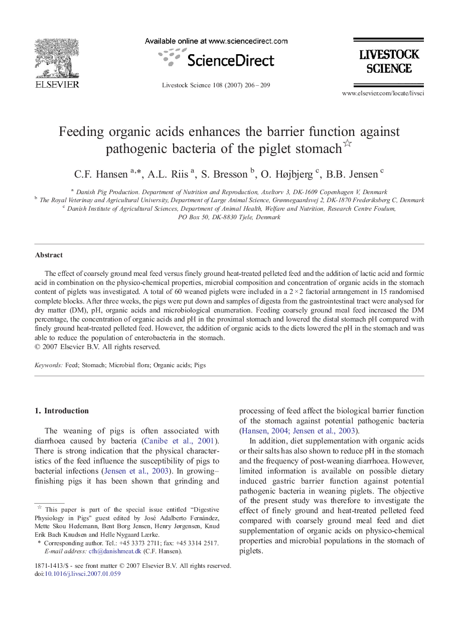 Feeding organic acids enhances the barrier function against pathogenic bacteria of the piglet stomach 