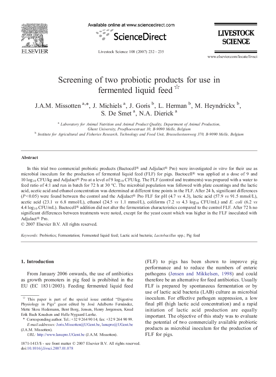 Screening of two probiotic products for use in fermented liquid feed 