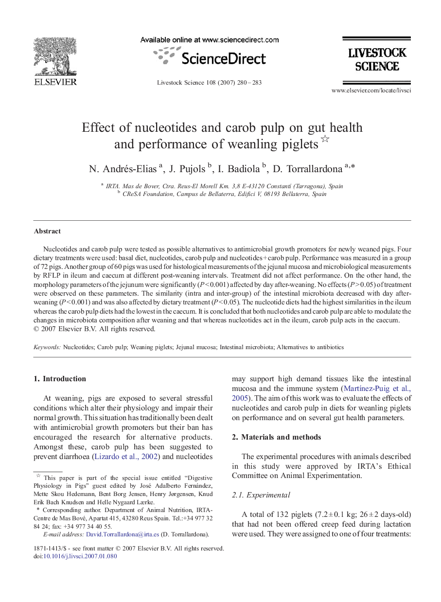 Effect of nucleotides and carob pulp on gut health and performance of weanling piglets 