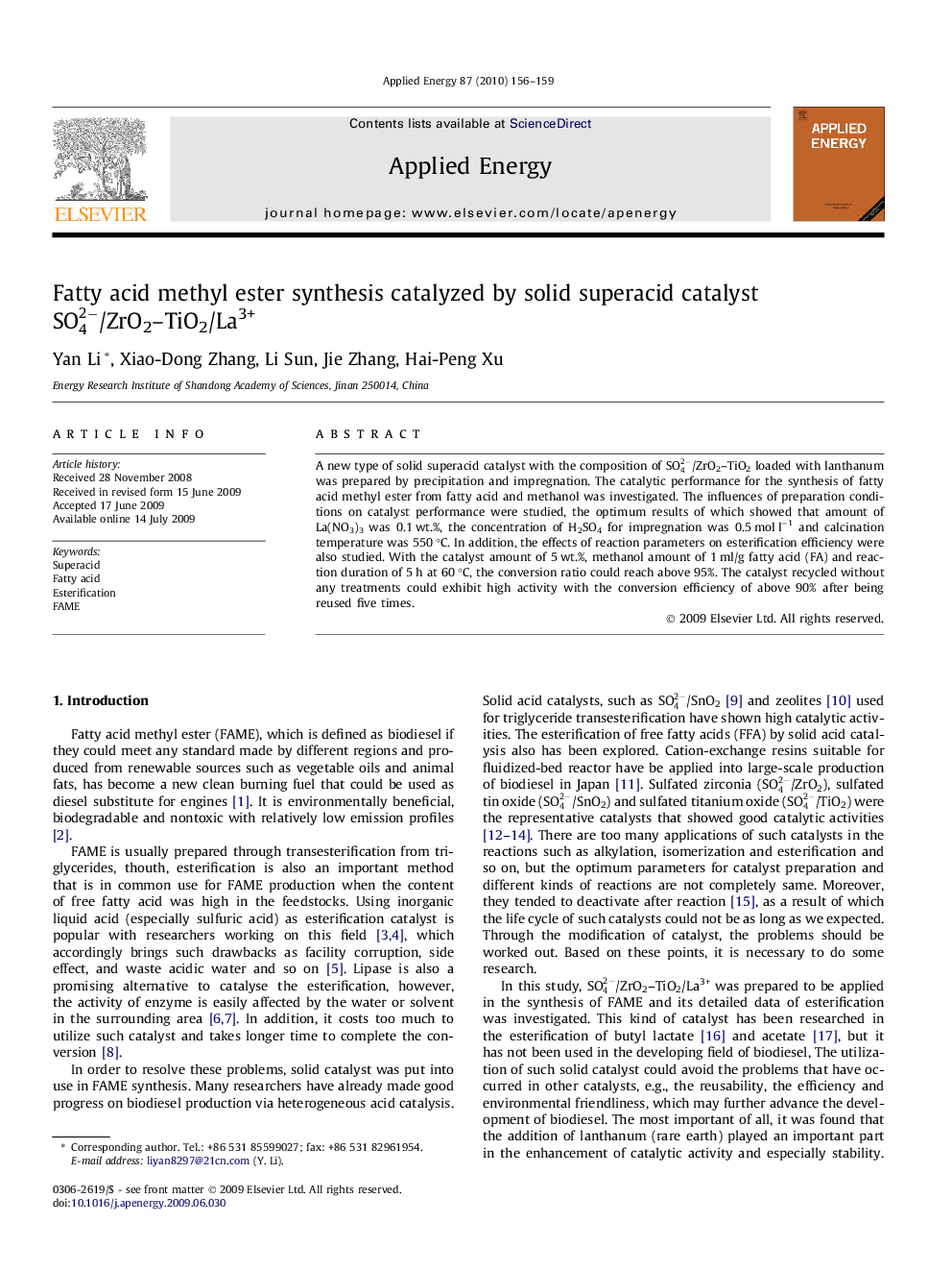 Fatty acid methyl ester synthesis catalyzed by solid superacid catalyst SO42-/ZrO2–TiO2/La3+