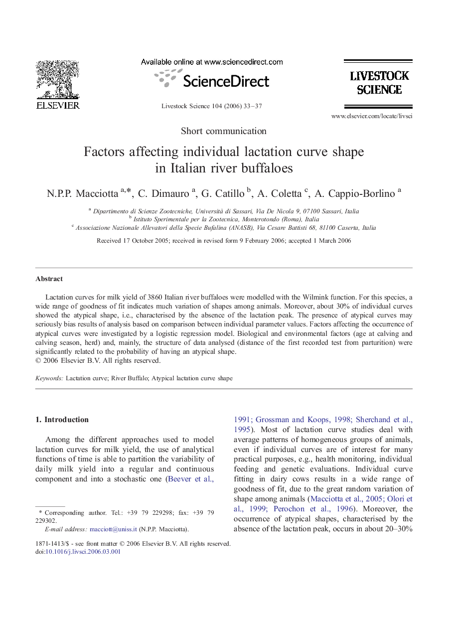 Factors affecting individual lactation curve shape in Italian river buffaloes