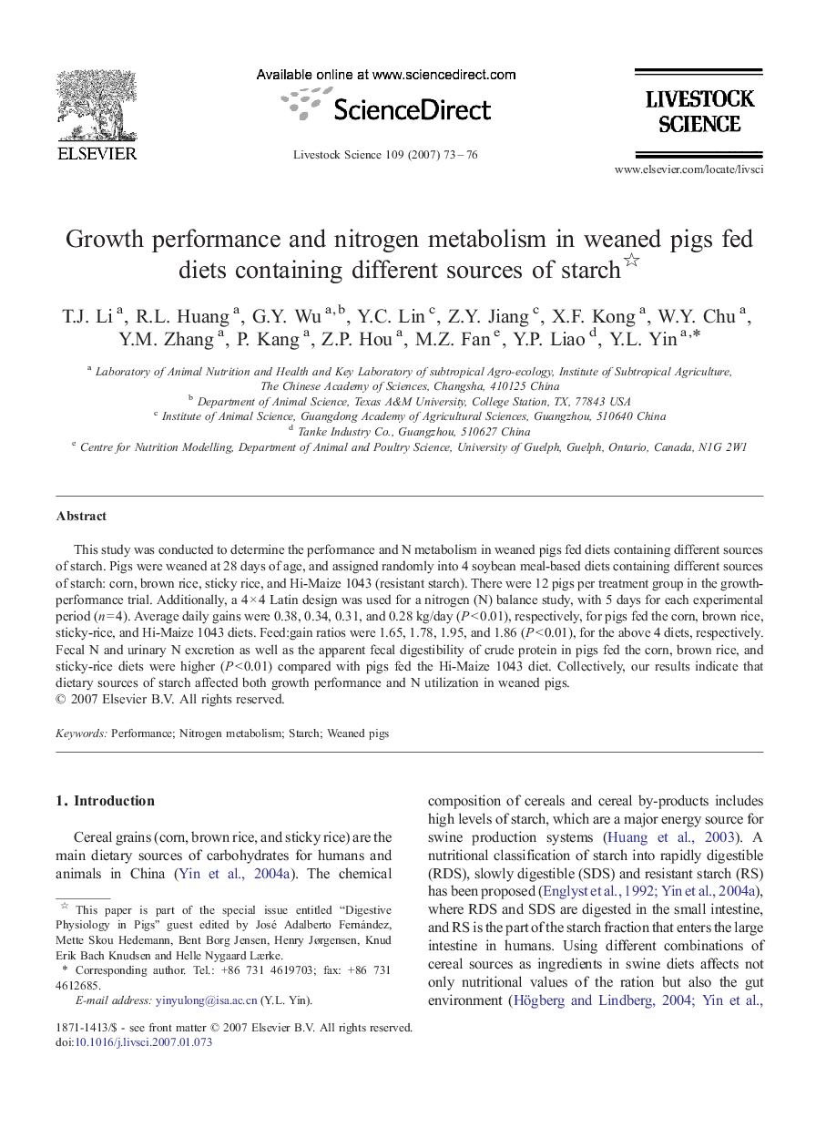 Growth performance and nitrogen metabolism in weaned pigs fed diets containing different sources of starch