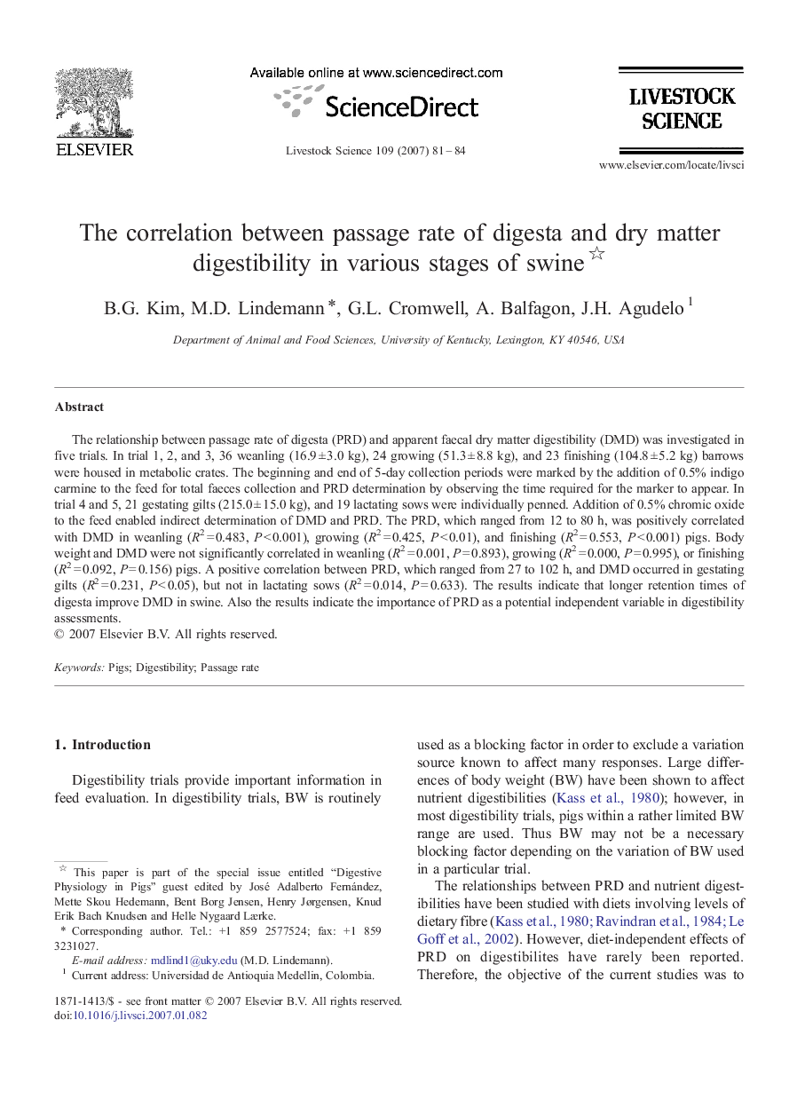 The correlation between passage rate of digesta and dry matter digestibility in various stages of swine 