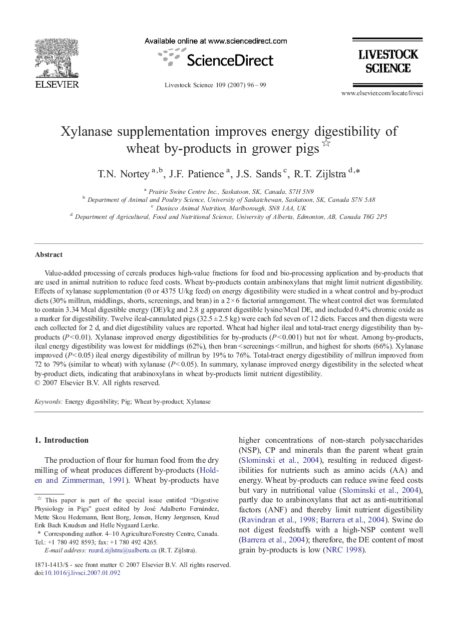 Xylanase supplementation improves energy digestibility of wheat by-products in grower pigs 