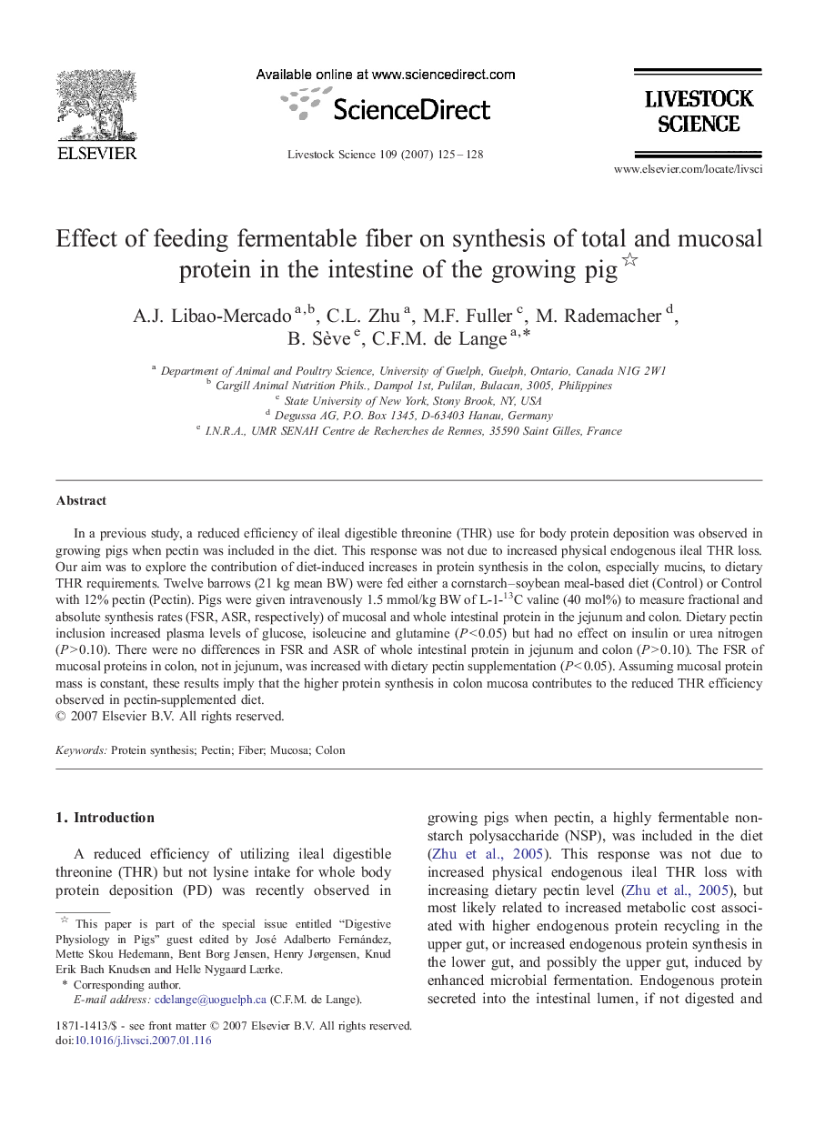 Effect of feeding fermentable fiber on synthesis of total and mucosal protein in the intestine of the growing pig 